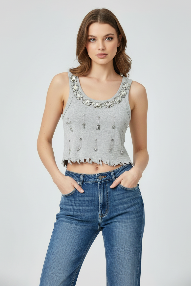 Jessica Bara Ozoria Ripped Safety Pin Tank Top