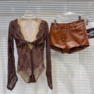 Jessica Bara Pazie Lace Long Sleeve Bodysuit and Shorts Two Piece Set