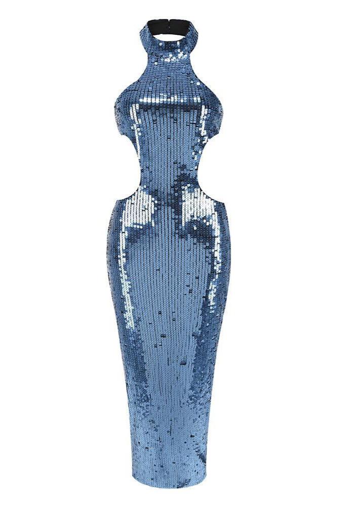 Jessica Bara Pita High Neck Halter Sequin Backless Maxi Dress