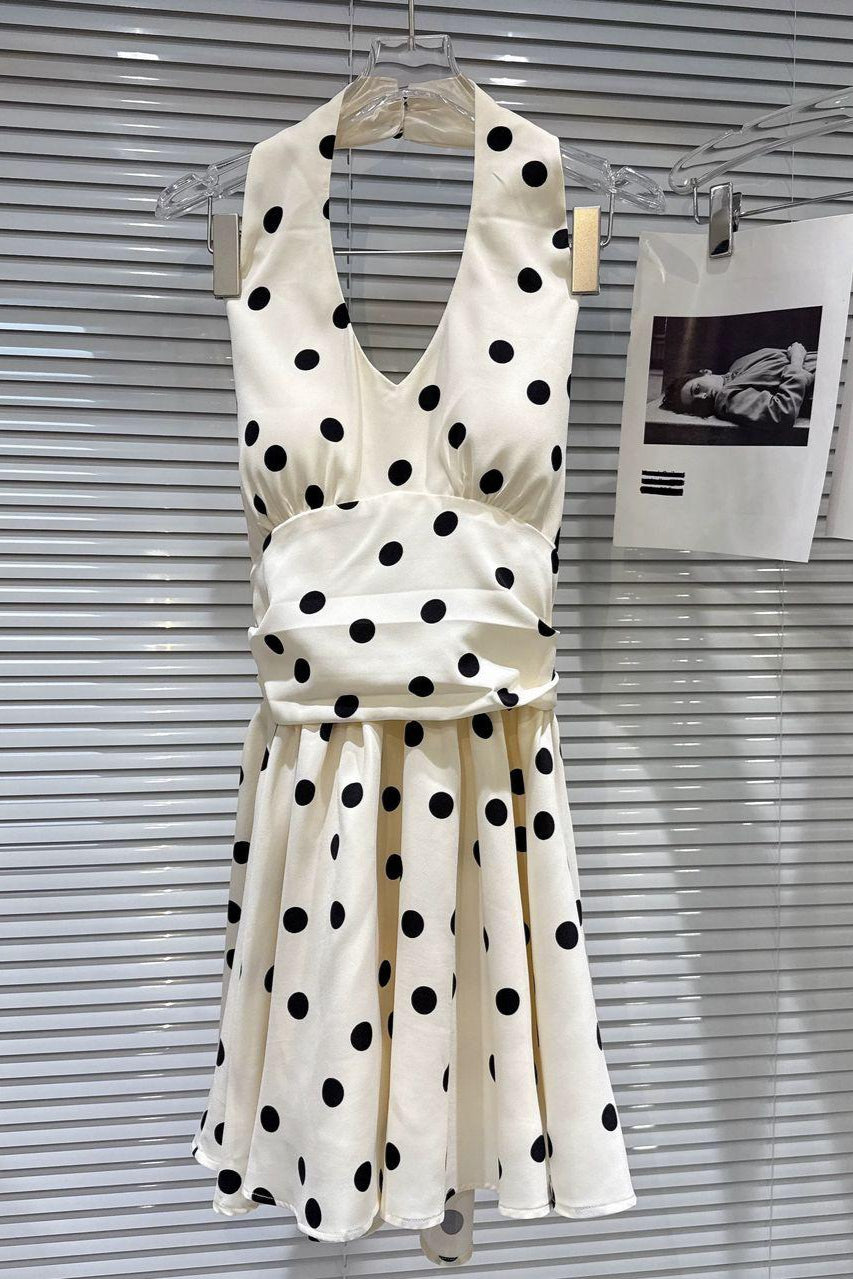 Jessica Bara Poria Polka Dot Halter Neck Ribbon Mini Dress