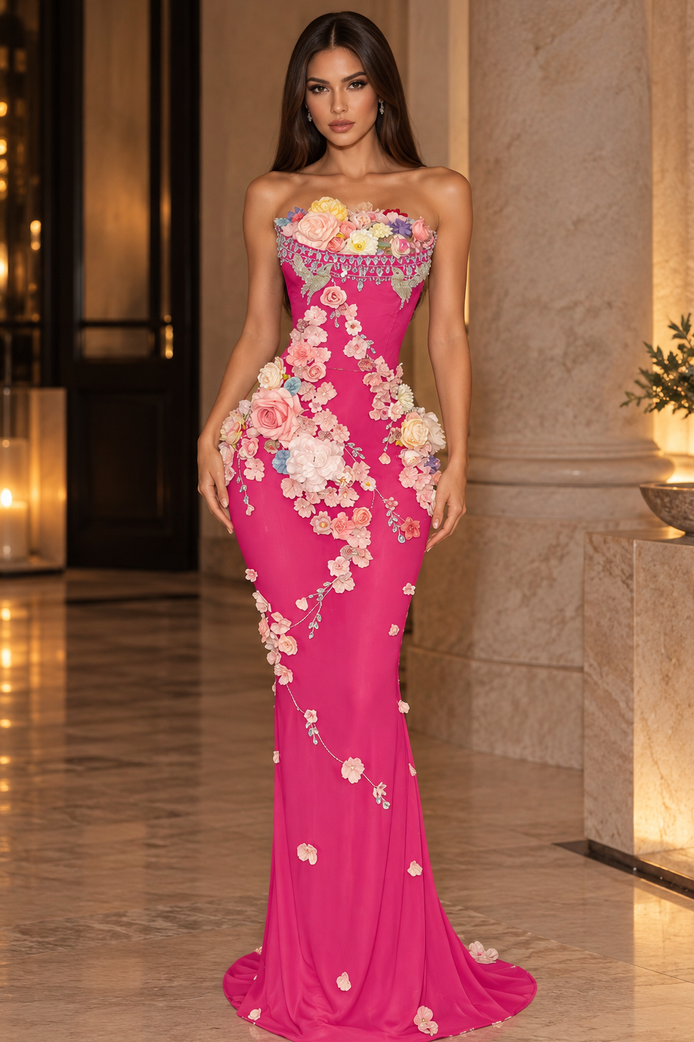 Jessica Bara Quinxy Strapless Tube Flower Gown