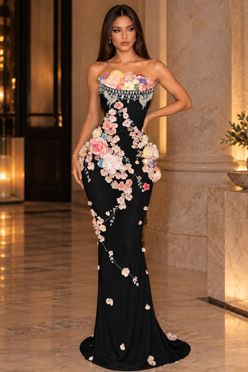 Jessica Bara Quinxy Strapless Tube Flower Gown