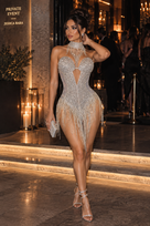 Jessica Bara Quizen Crystal Fringe High Neck Bodysuit