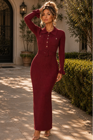 Jessica Bara Rasel Gold Button Long Sleeve Knit Maxi Dress