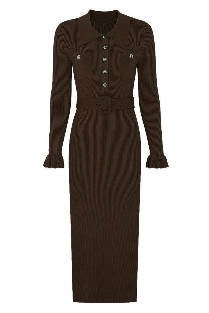 Jessica Bara Rasel Gold Button Long Sleeve Knit Maxi Dress