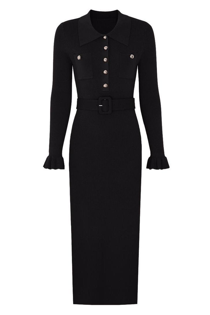Jessica Bara Rasel Gold Button Long Sleeve Knit Maxi Dress