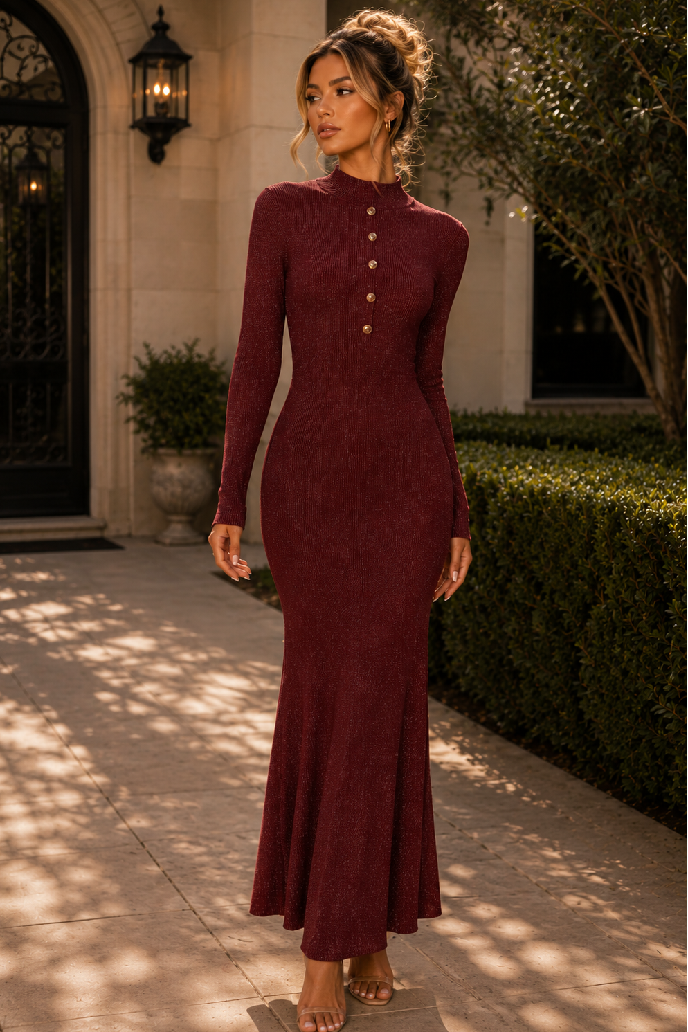 Jessica Bara Razlie Gold Button Long Sleeve Maxi Dress