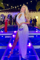 Jessica Bara Reesia Crystal Fringe Cut Out Slit Maxi Dress