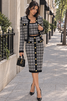 Jessica Bara Renaxa Knit Gold Button Top and Cardigan with Midi Skirt Three Piece Set