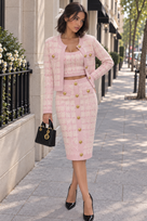 Jessica Bara Renaxa Knit Gold Button Top and Cardigan with Midi Skirt Three Piece Set