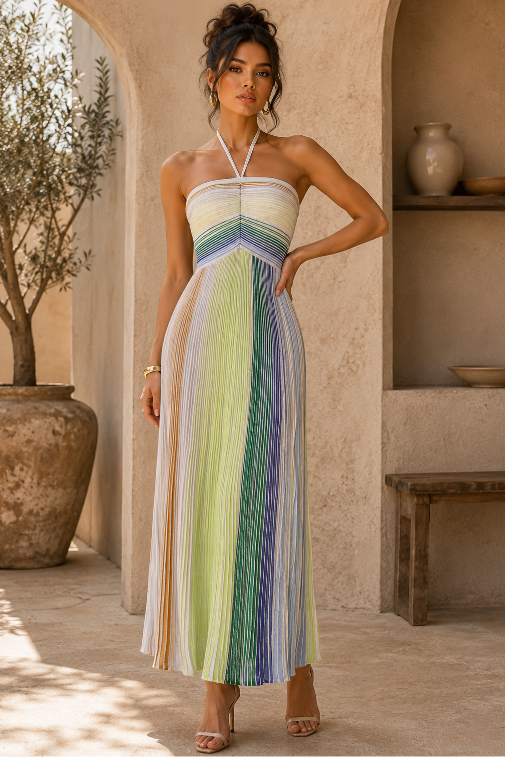 halter pleated maxi dress Jessica Bara Rouge Medium / Multicolor highlighting the flattering A How Long Do You Color:Beige Kids consignment shops near me