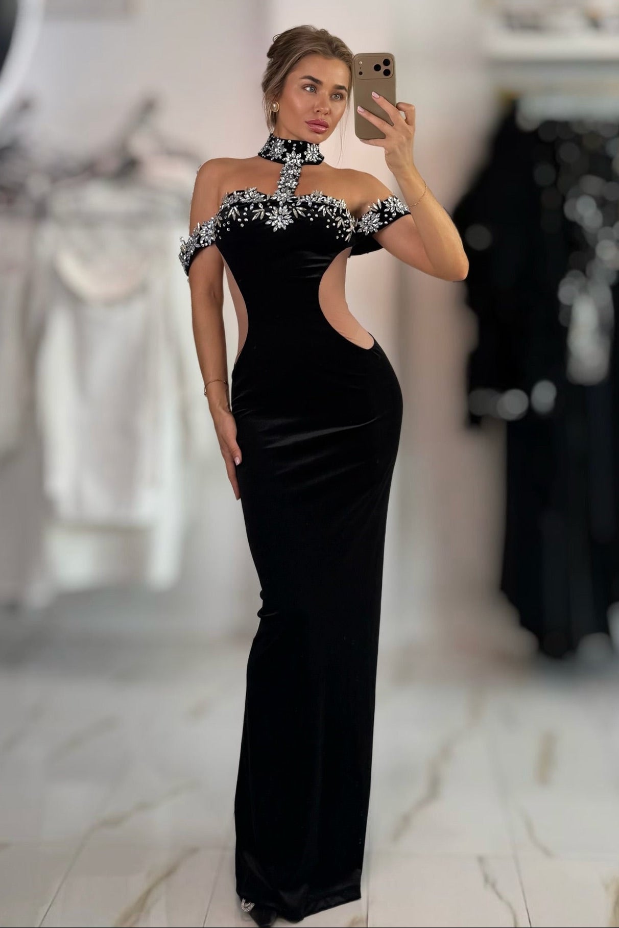 Jessica Bara Roxie Velvet Crystal Choker Cut Out Gown