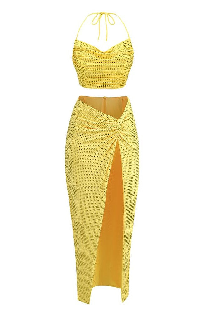 Jessica Bara Sage Studded Crop Top and Maxi Skirt