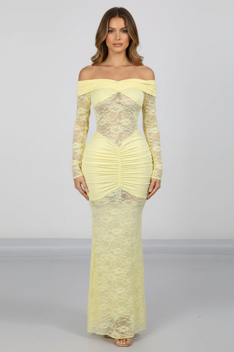 see through yellow dress Jessica Bara Seika Off The Shoulder Lace See Through Maxi Dress