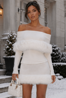 Jessica Bara Selantrie Faux Fur Off The Shoulder Top and Mini Skirt Two Piece Set