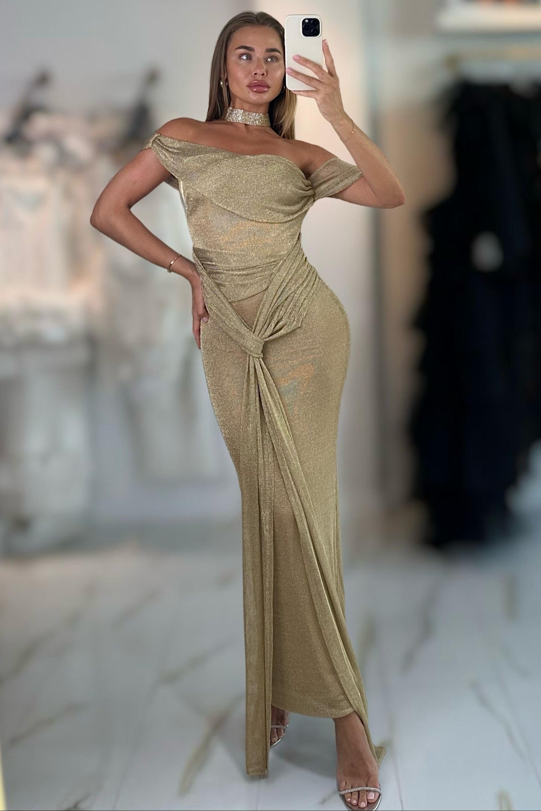 choker with off the shoulder dress Jessica Bara Seval Choker Off The Shoulder Maxi Dress