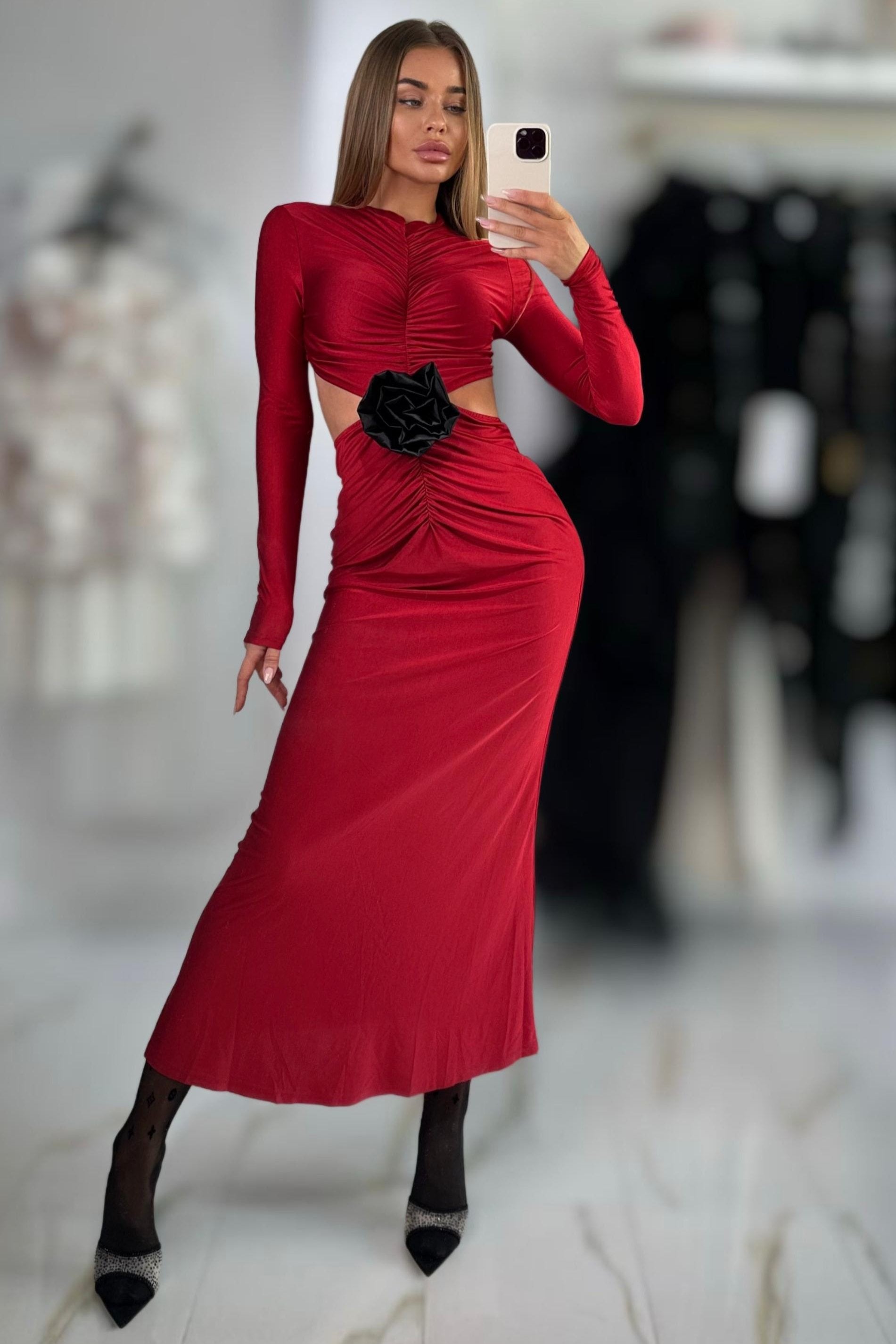 SALE Jessica Bara Shannon Long Sleeve Cut Out Ruched Maxi Dress