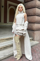 Jessica Bara Shaylee Knit Long Sweater, Top and Ruffle Mini Skirt Three Piece Set