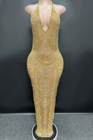 Jessica Bara Simpson Halter Crystal Fringe Maxi Dress