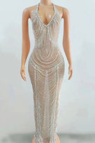 Jessica Bara Simpson Halter Crystal Fringe Maxi Dress