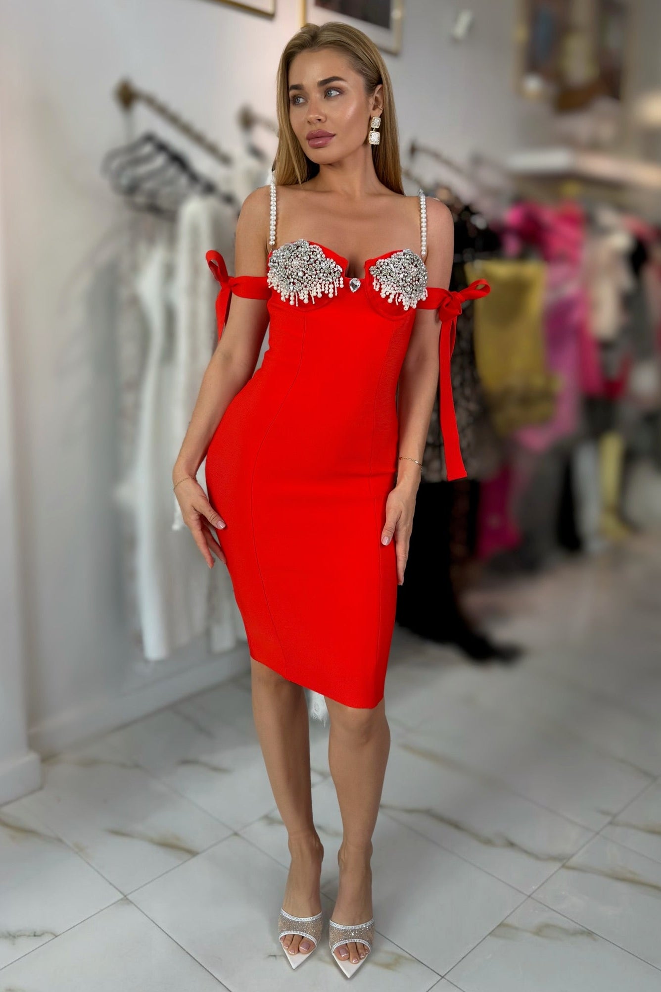 Jessica Bara Sira Pearl Strap Ribbon Midi Dress