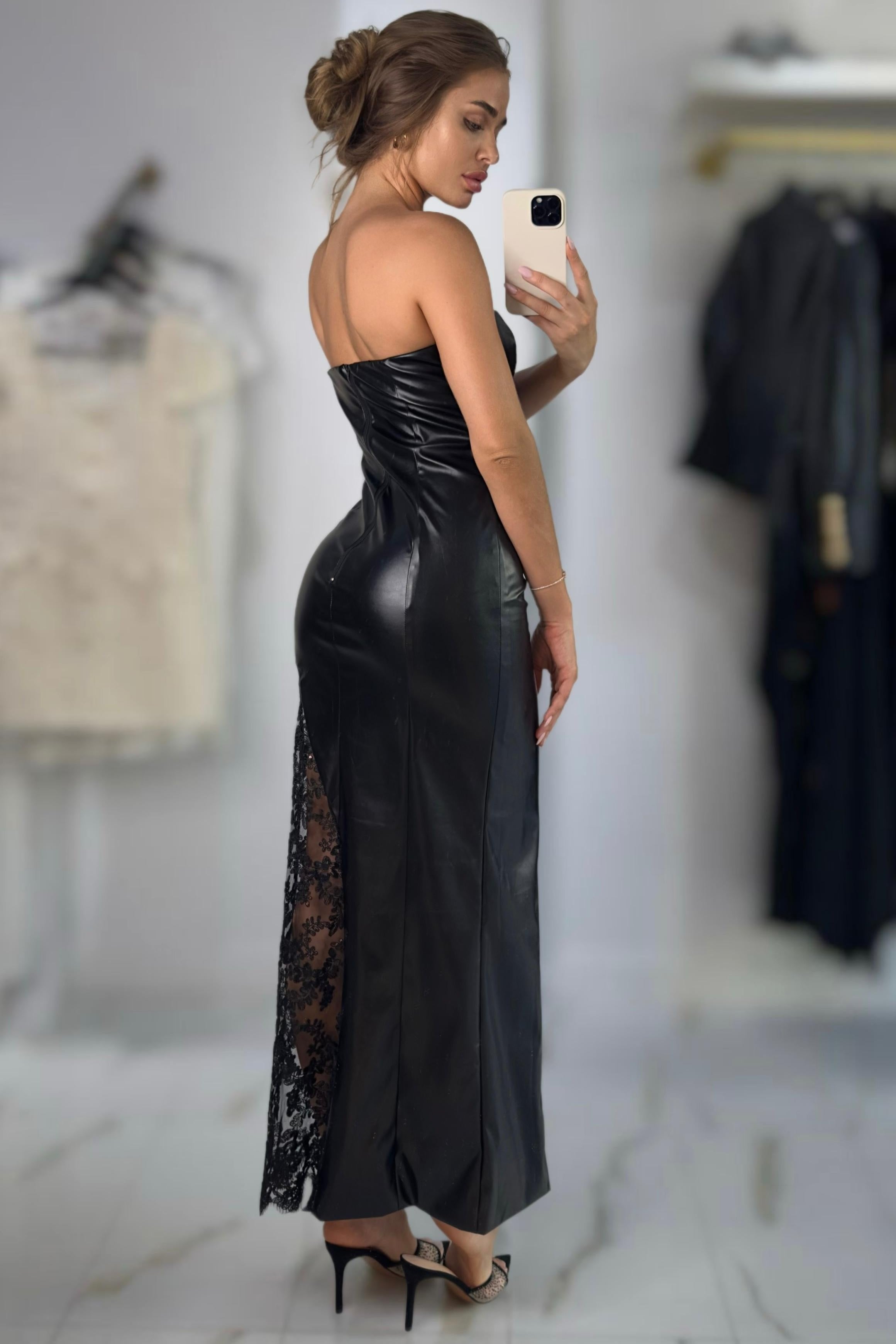 chinese dress ladies Intuition Strapless Faux Leather Dress Black– Selfie Leslie