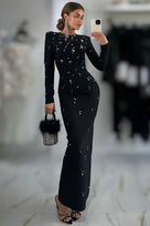 Jessica Bara Soleil Long Sleeve Crystal Beaded Maxi Dress