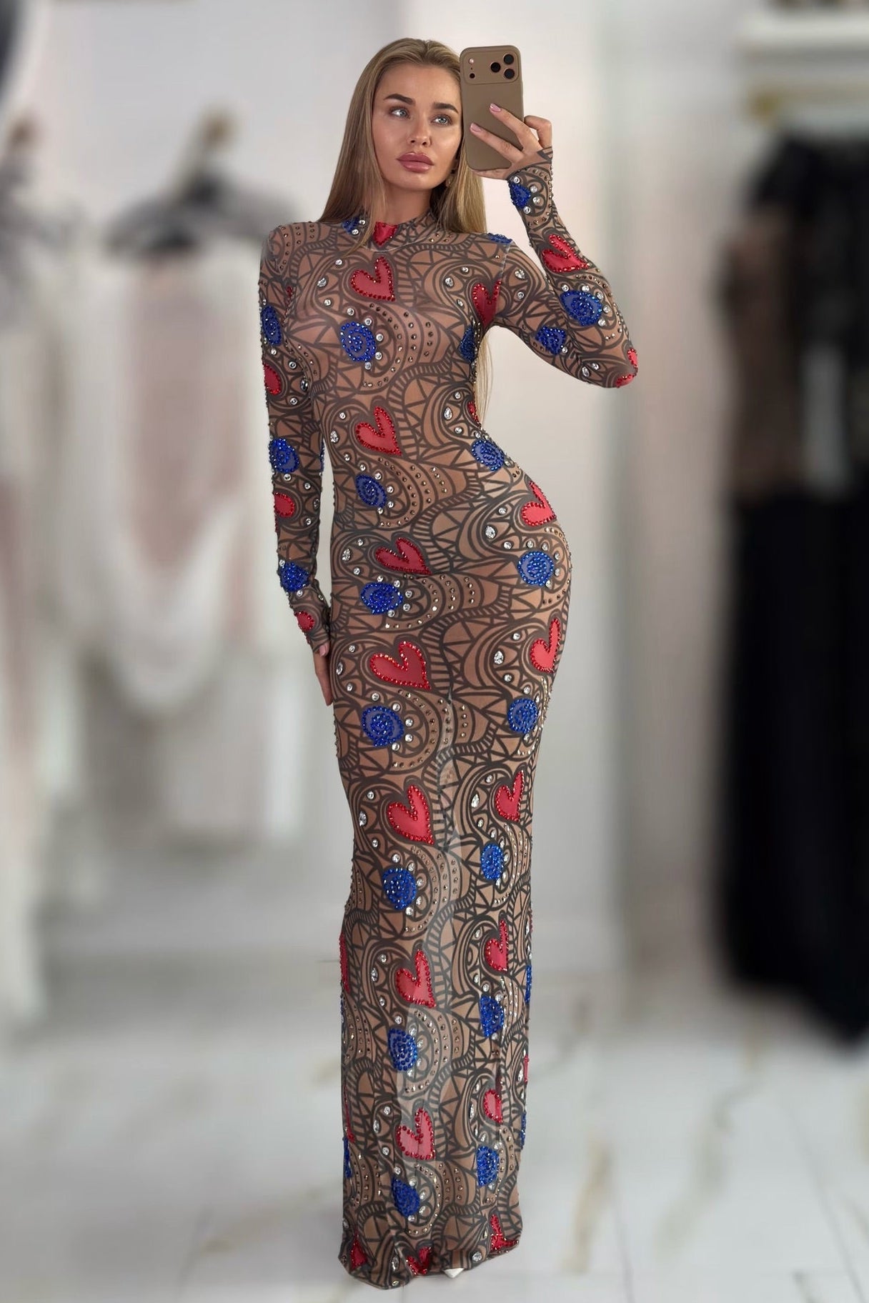 Jessica Bara Sunnies Crystal Long Sleeve High Neck Gown