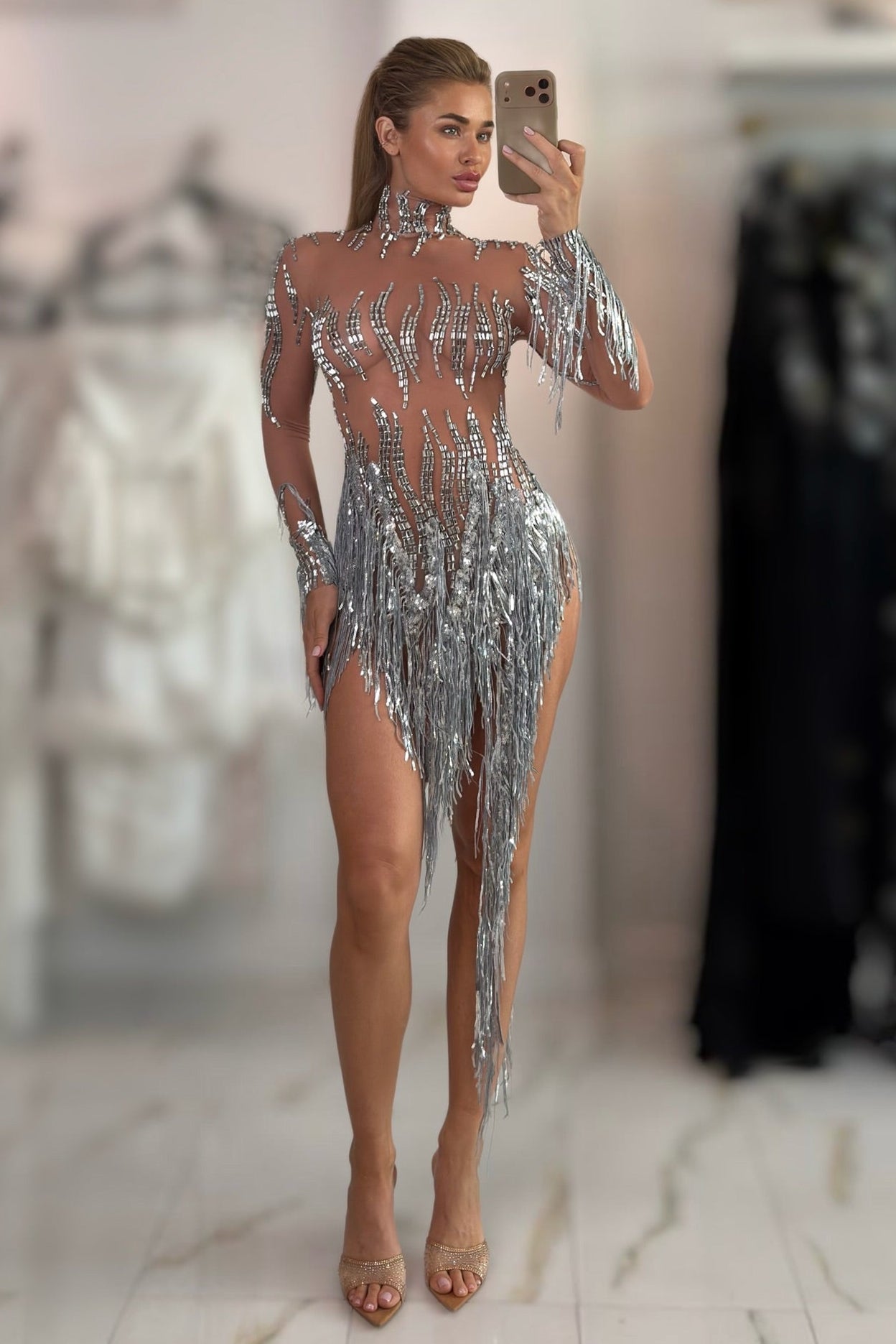 Jessica Bara Teraj Fringe High Neck Long Sleeve Mini Dress