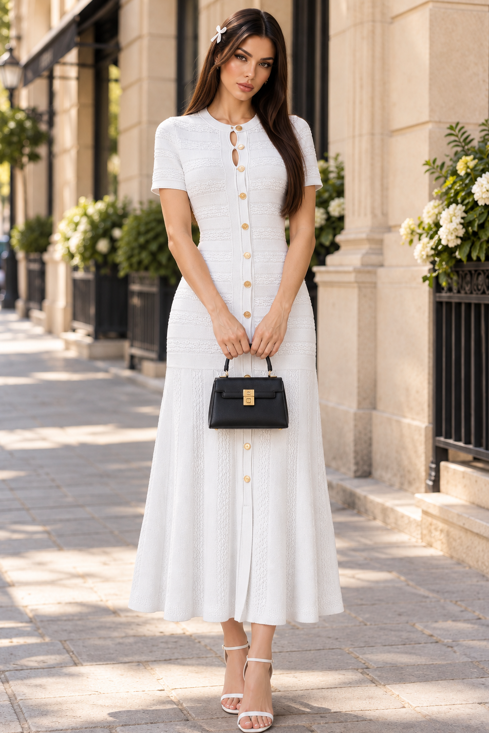 Jessica Bara Teva Gold Button Short Sleeve Maxi Dress