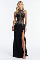 Jessica Bara Tiara Crystal See Through Halter Slit Gown