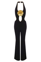 Jessica Bara Trojan Gold Flower Cut Out Halter Neck Jumpsuit