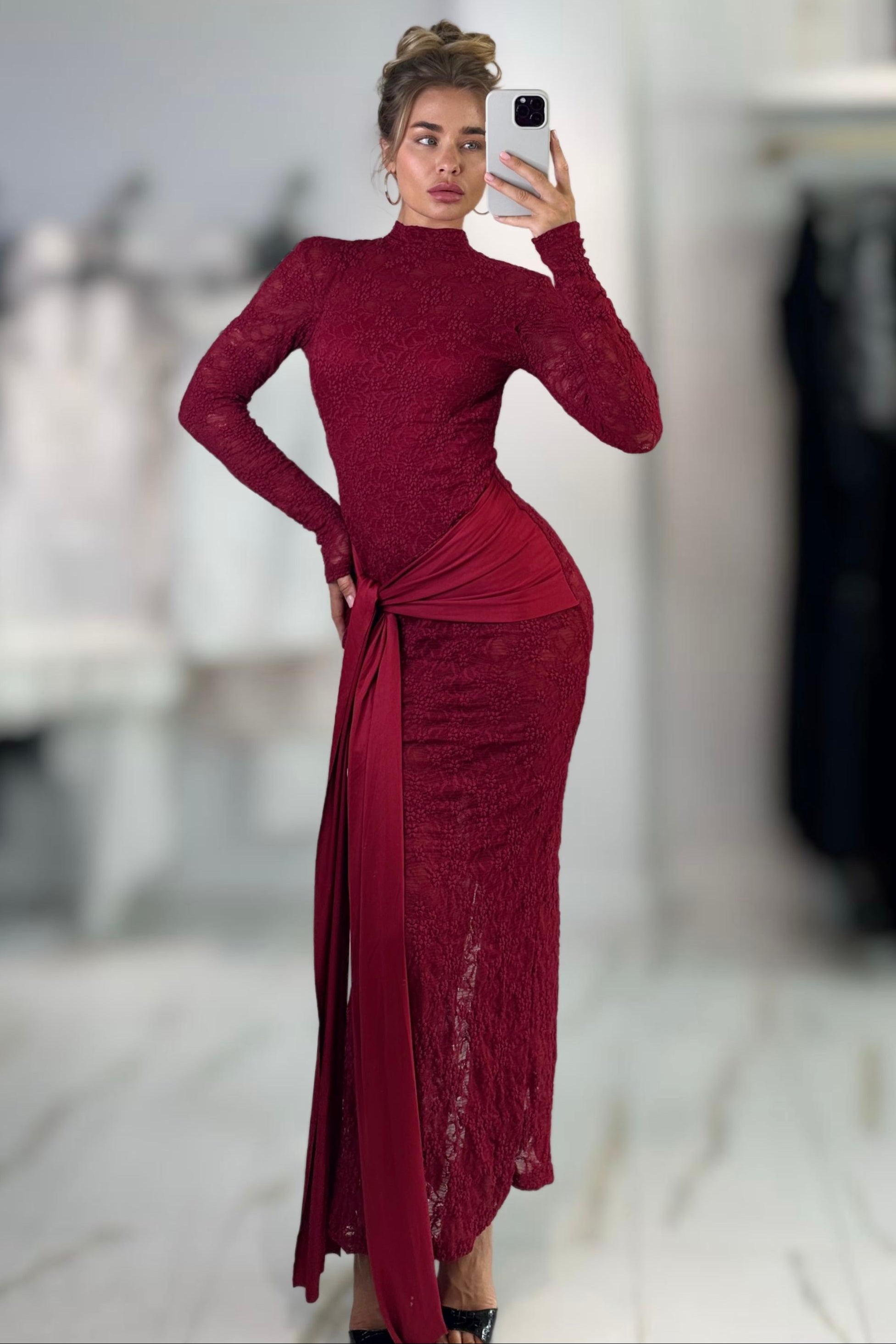 red lace long sleeve maxi dress Long Sleeve Floral Lace Maxi Dress Burgundy
