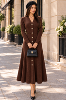 Jessica Bara Vedara Long Sleeve Gold Button Maxi Dress