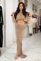 Jessica Bara Vendita Bubble Top and Ruched Maxi Skirt Set