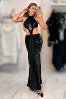 Jessica Bara Verana Sequin Bow Halter Cut Out Gown