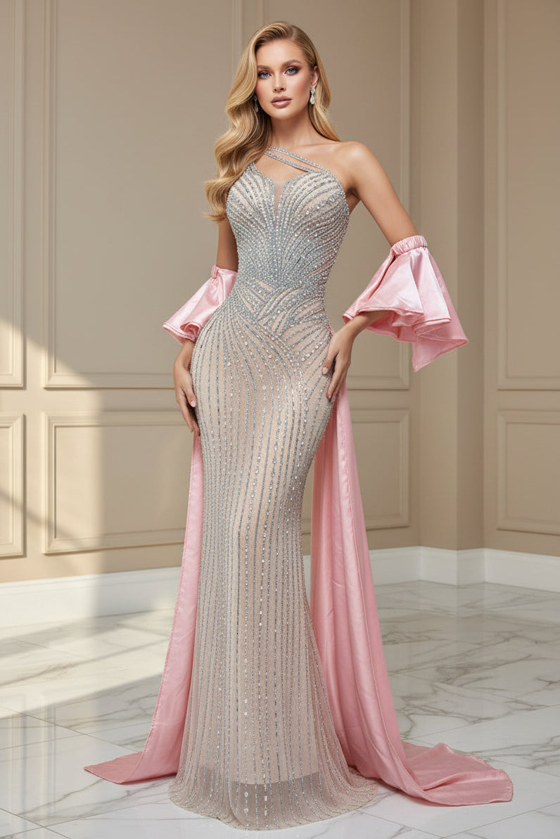 Jessica Bara Veroda Crystal One Shoulder Gown with Sleeves