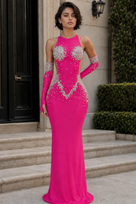 Jessica Bara Vex Crystal Cut Out Slit Gown with Gloves
