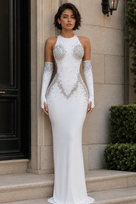 Jessica Bara Vex Crystal Cut Out Slit Gown with Gloves
