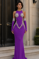Jessica Bara Vex Crystal Cut Out Slit Gown with Gloves