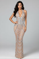 Jessica Bara Viro Crystal Ribbon Halter Neck Gown