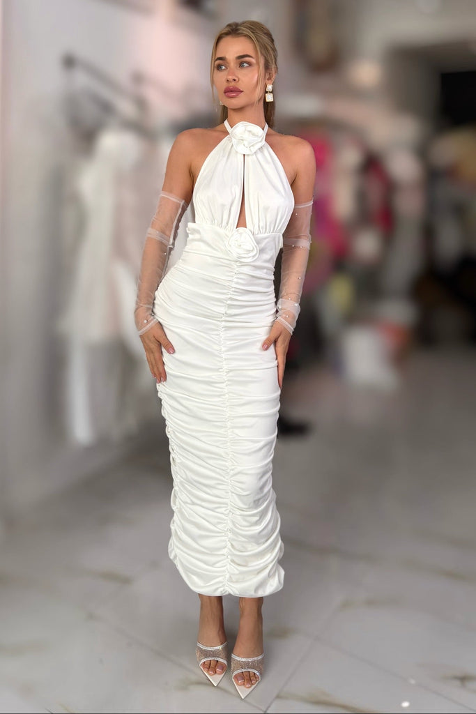 Jessica Bara Wizmie Flower Halter Neck Ruched Maxi Dress with Gloves