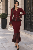 Jessica Bara Wynsie 2 Knit Crystal Button Peplum Top and Maxi Skirt Two Piece Set