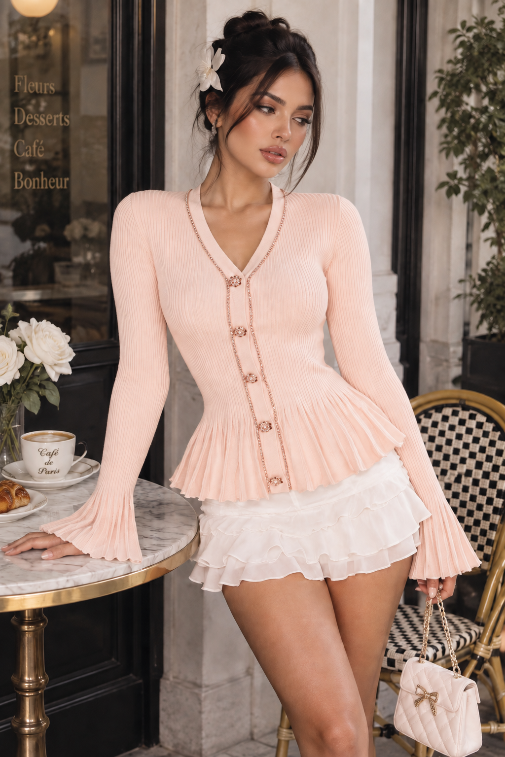 Jessica Bara Wynsie Knit Crystal Button Peplum Top