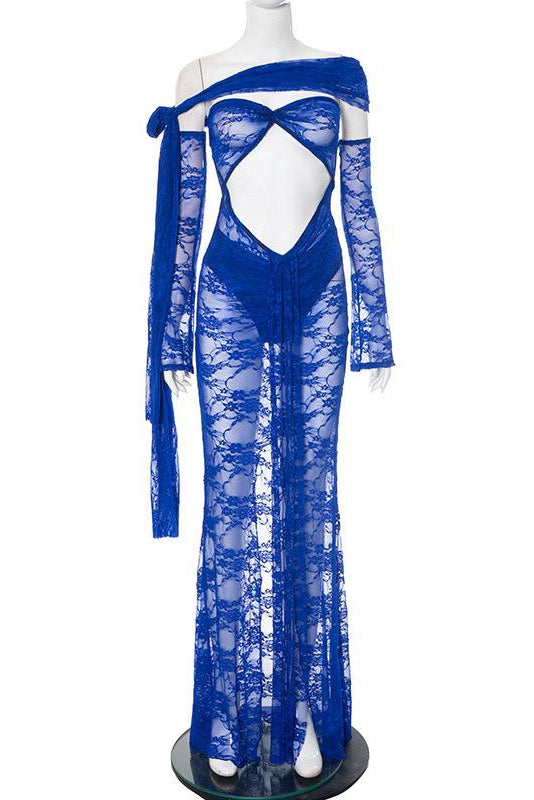 Jessica Bara Xani Lace Cut Out See Through Maxi Dress and Bottom Set with Sleeves