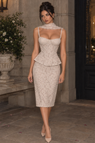 Jessica Bara Xylin Lace Beaded Corset Top and Midi Skirt Two Piece Set