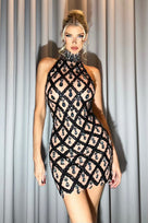 Jessica Bara Yas Crystal Mesh Halter Mini Dress