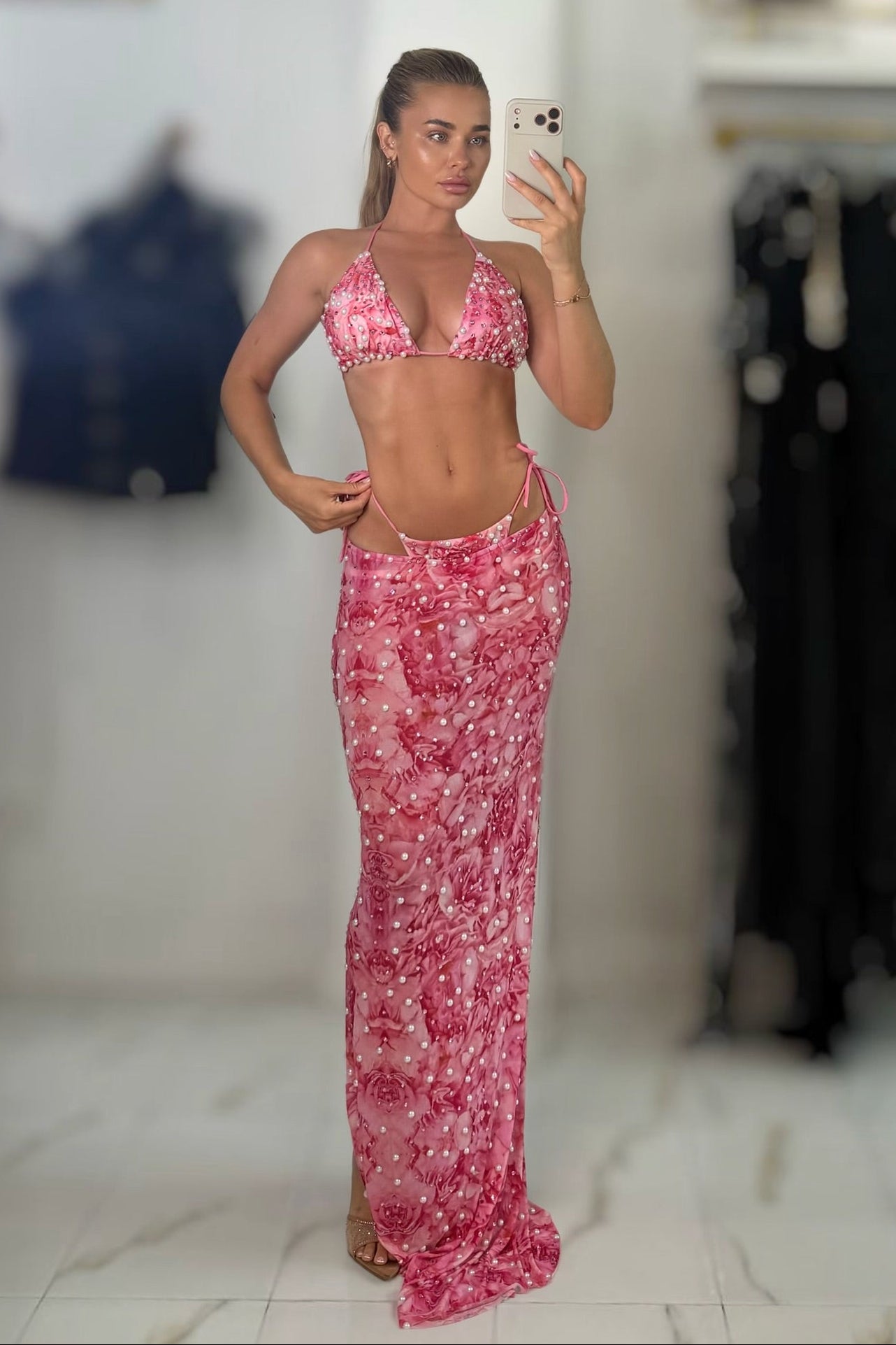 Jessica Bara Yasami Pearl Beaded Bikini Set and Maxi Skirt Cover Up