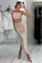 Jessica Bara Yasyl Strapless Tube Crystal Top and Maxi Skirt Two Piece Set