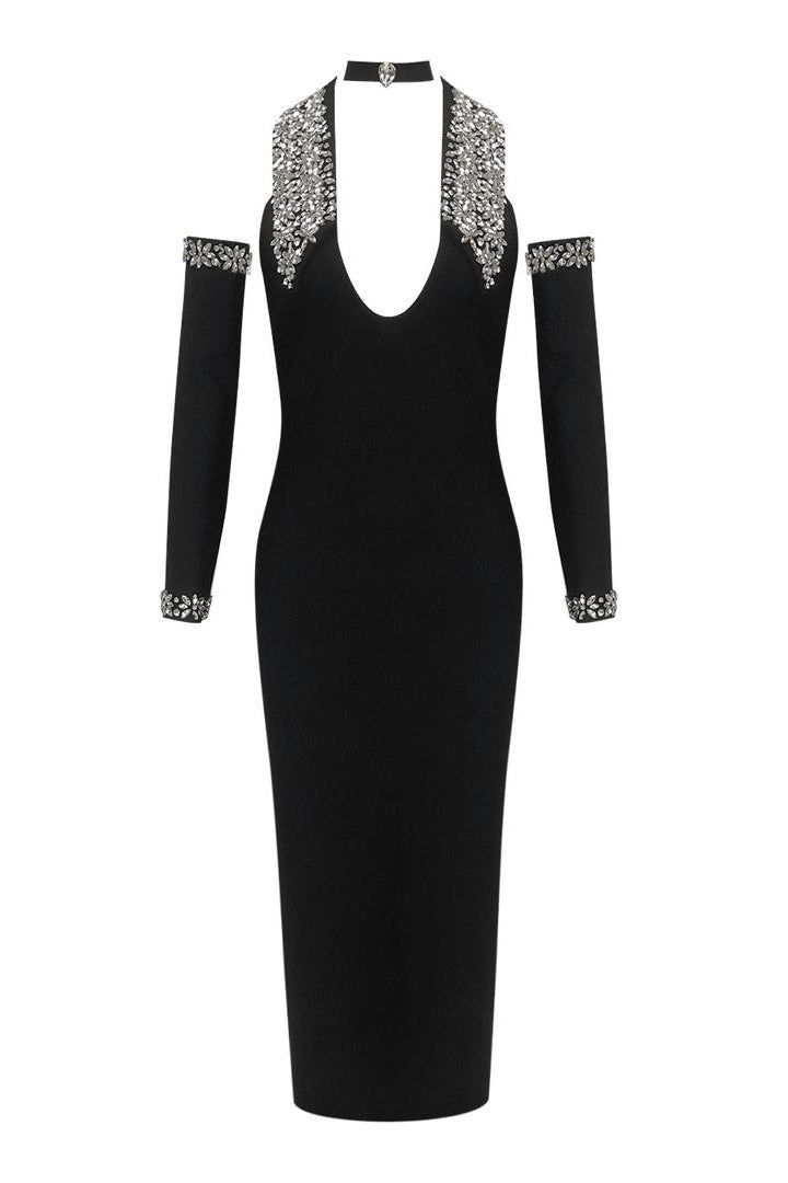 Jessica Bara Yolly Crystal Halter Neck Choker Midi Dress with Sleeves